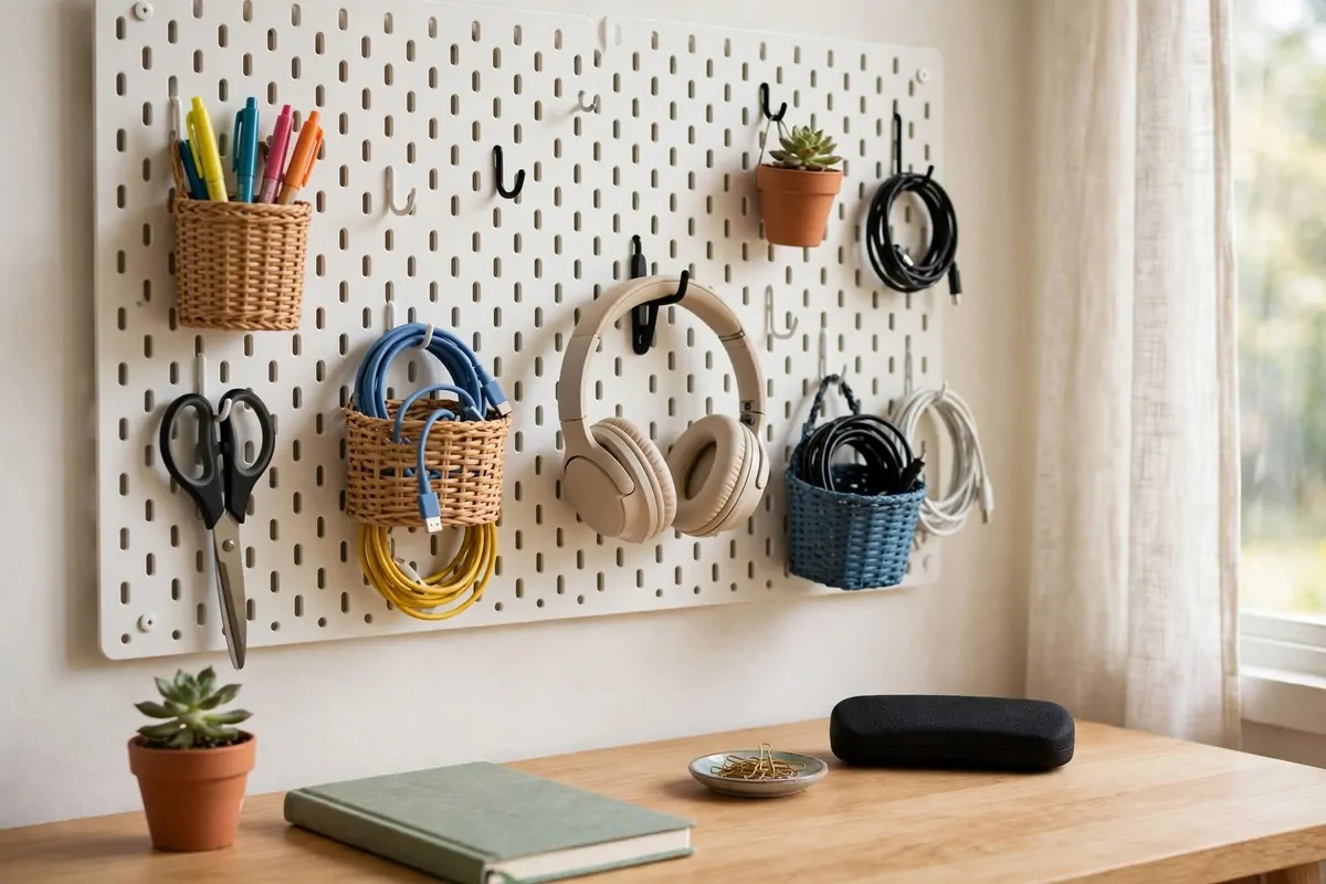 Wall pegboard organizer holding office supplies above a desk