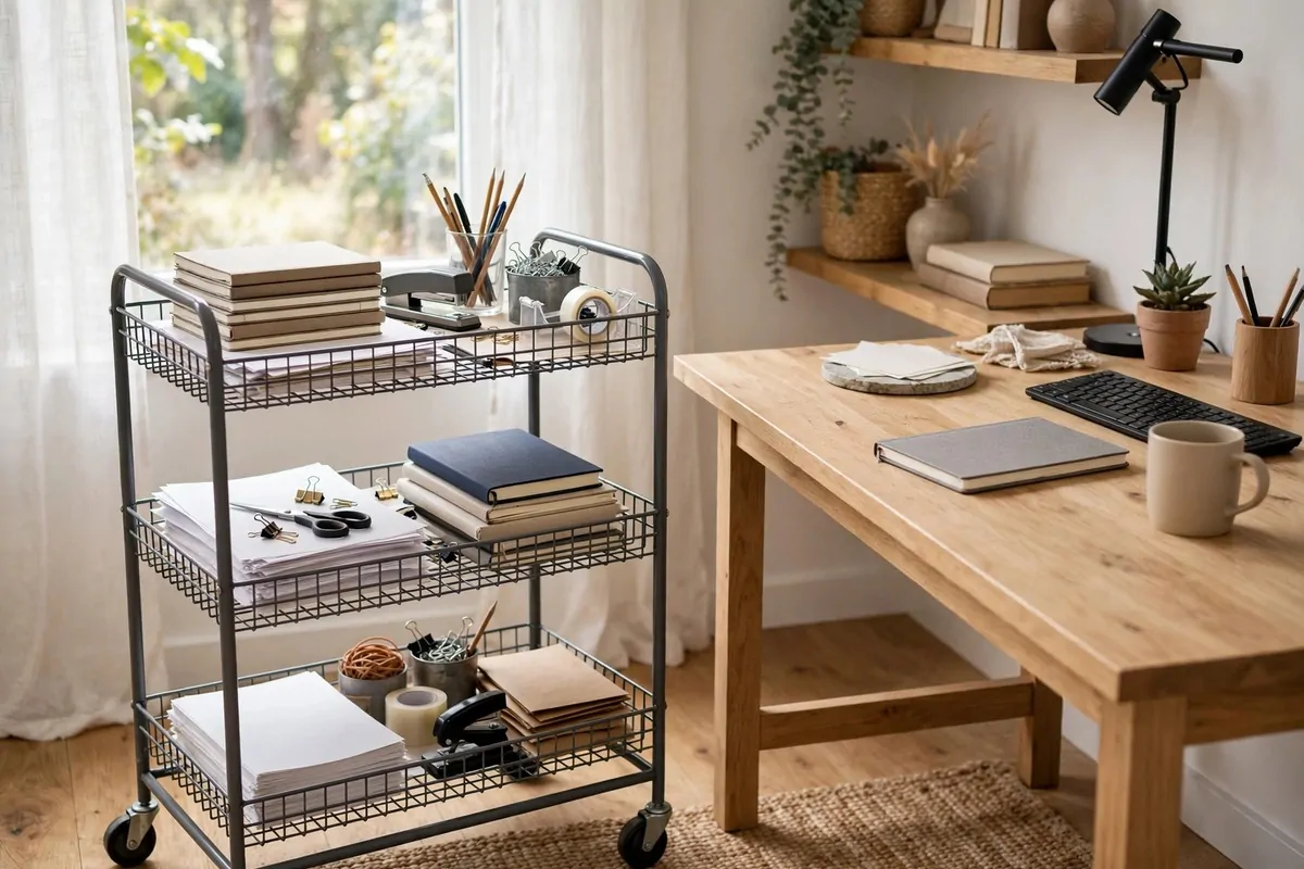Three tier rolling cart with office supplies next to a desk
