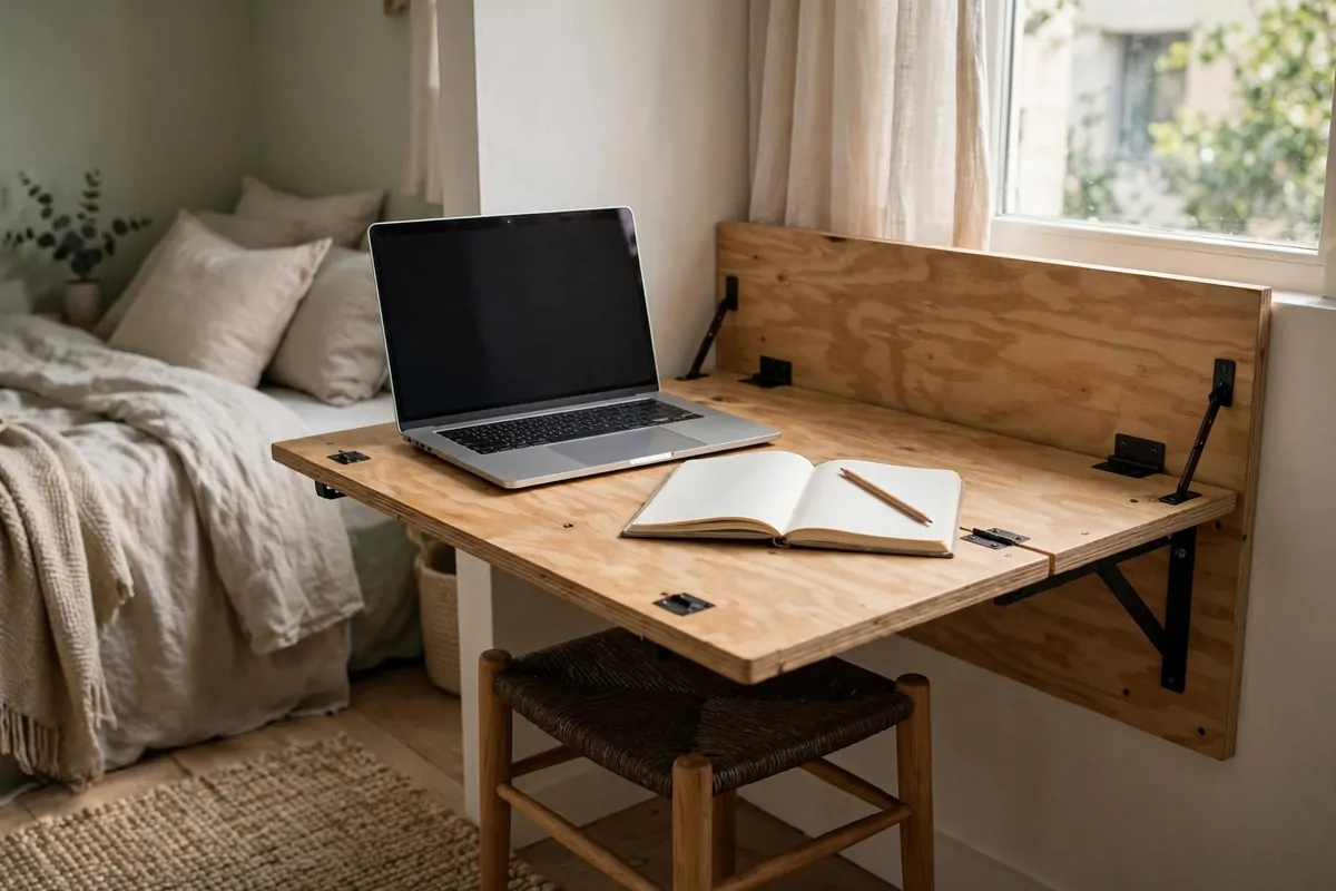 Fold down wall mounted desk open with laptop in a small room