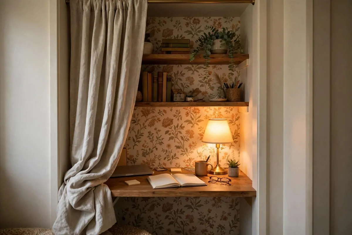Small closet converted into a home office with desk and lamp