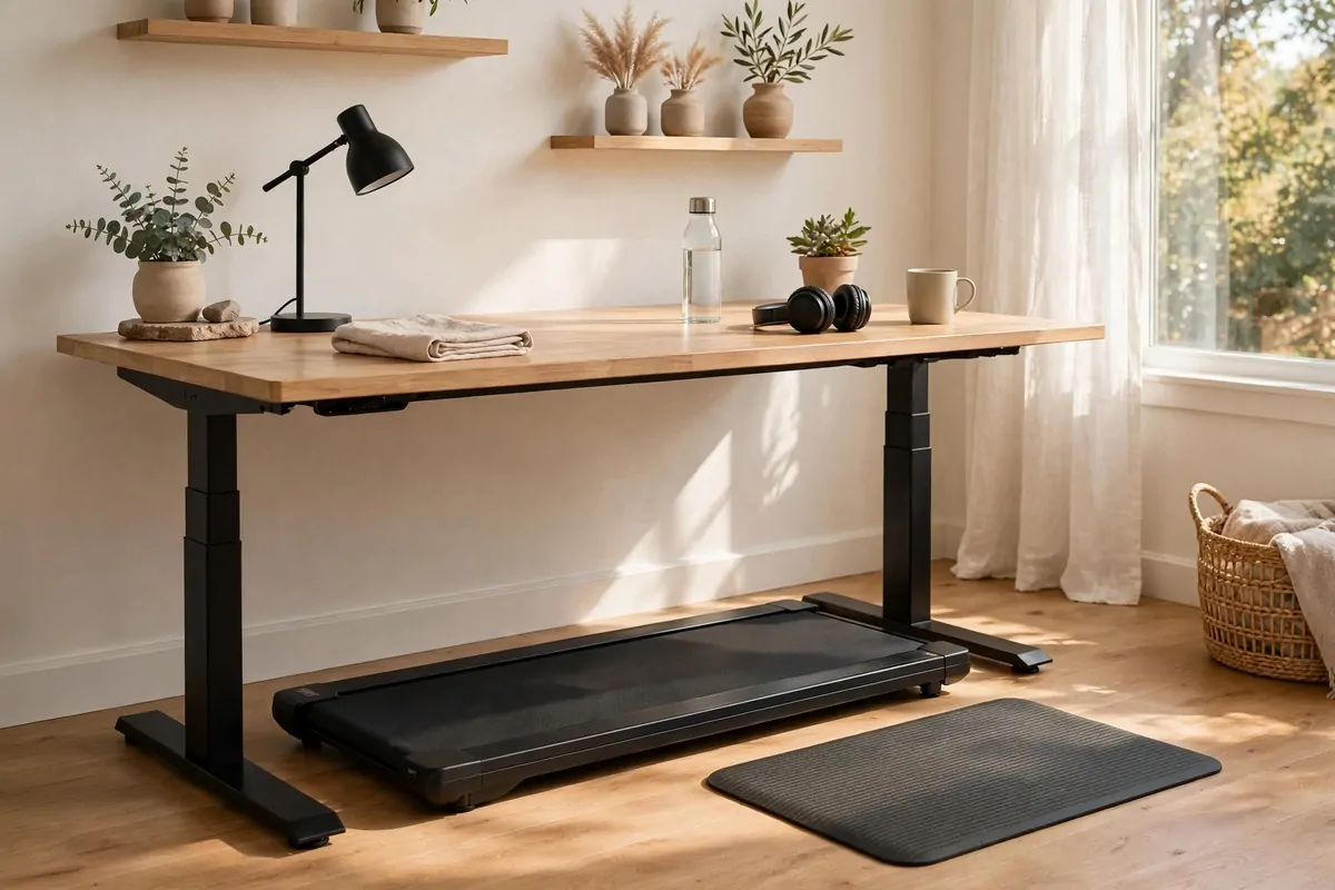Walking pad under a standing desk in a bright home office