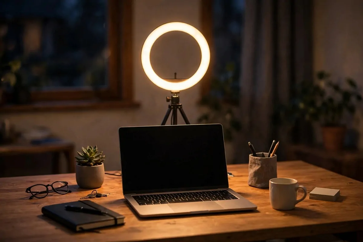 Ring light illuminating a tidy desk setup for video calls