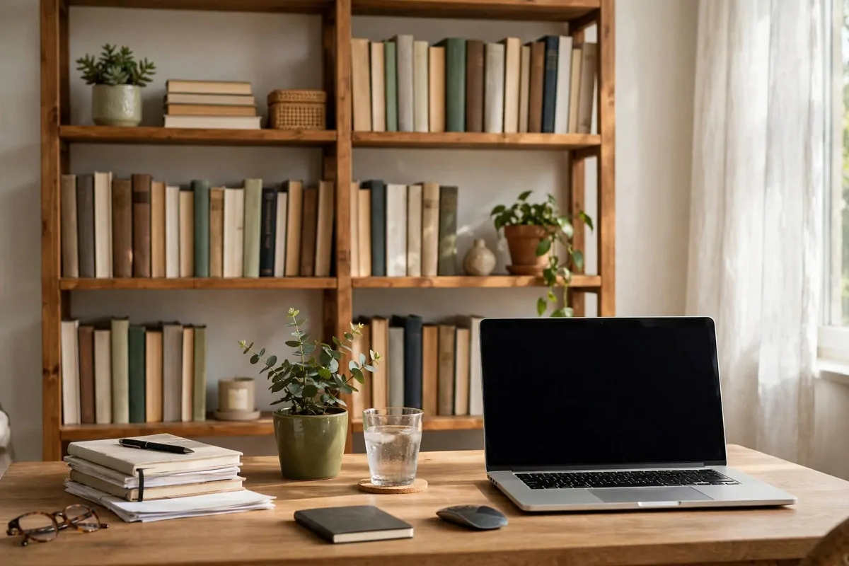 Neat bookshelf with books and a plant behind a home desk