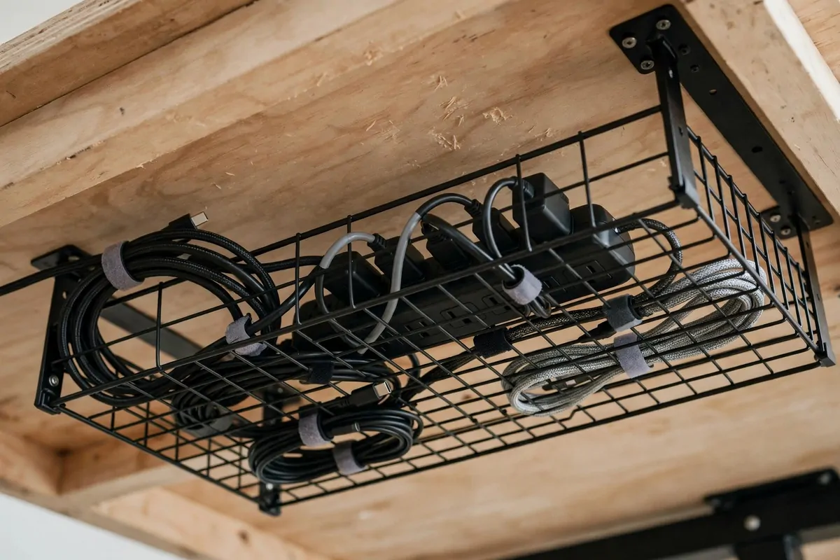 Under desk cable management tray with neatly bundled cords