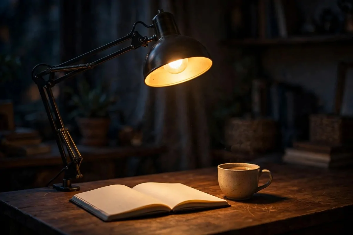 Warm desk lamp glowing on a wooden desk in the evening