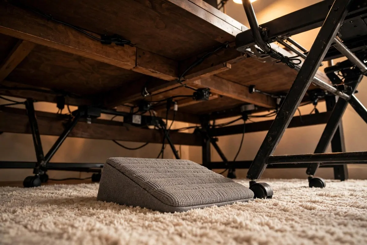 Ergonomic footrest under a desk with a comfortable chair