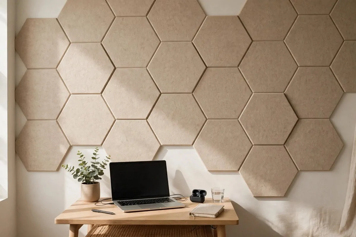 Home office wall decorated with hexagonal acoustic panels