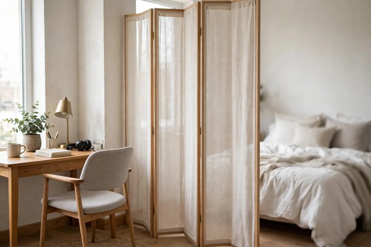 Fabric room divider separating a work corner in a studio apartment