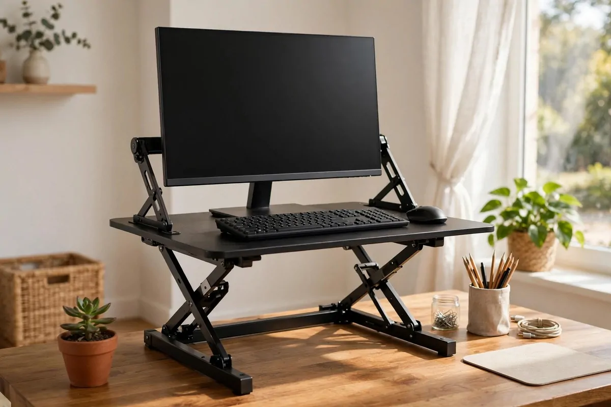 Sit stand converter on a desk raised with monitor and keyboard