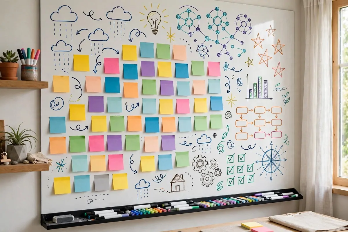 Large whiteboard wall with colorful planning notes in a home office