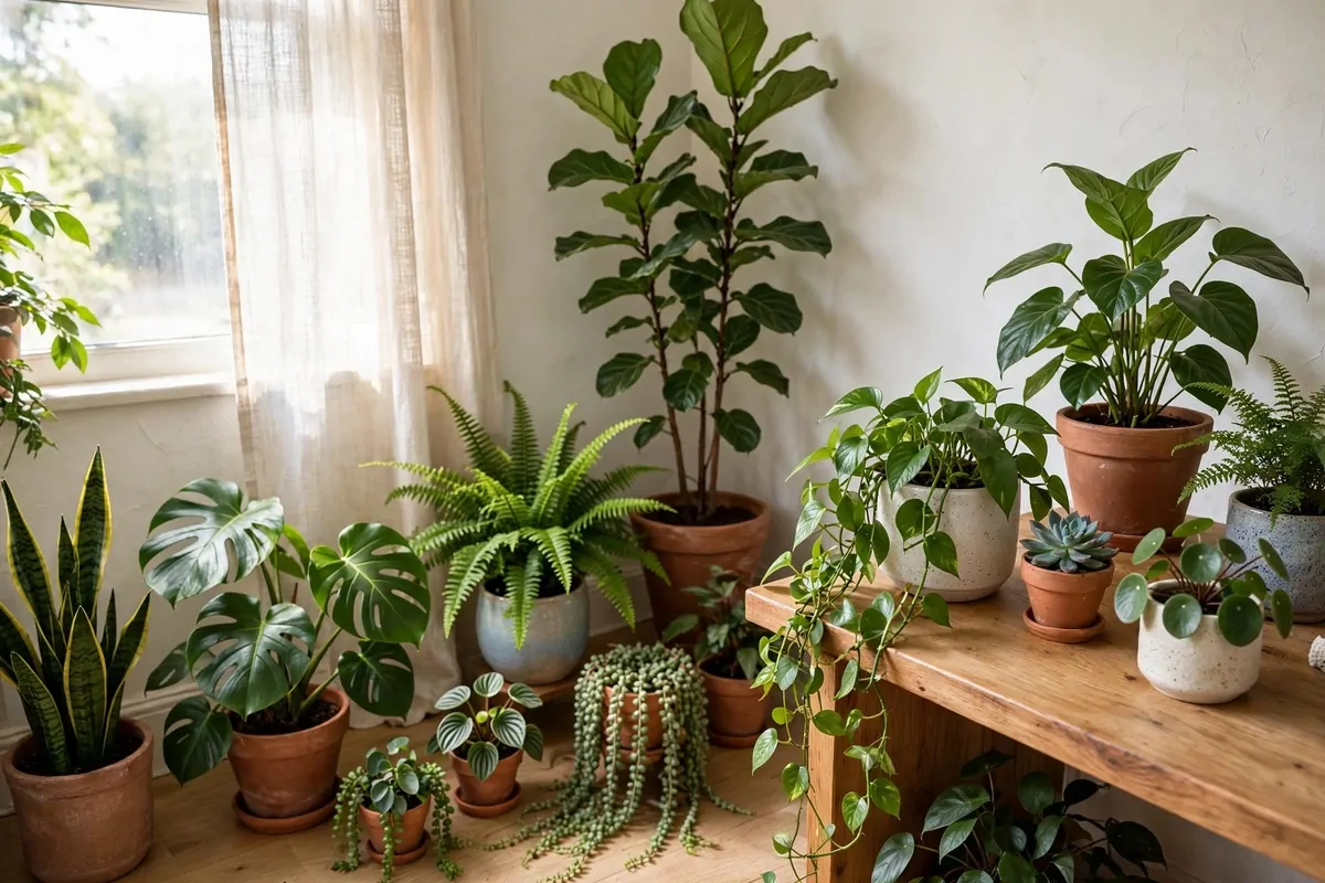 Corner of a home office filled with green houseplants