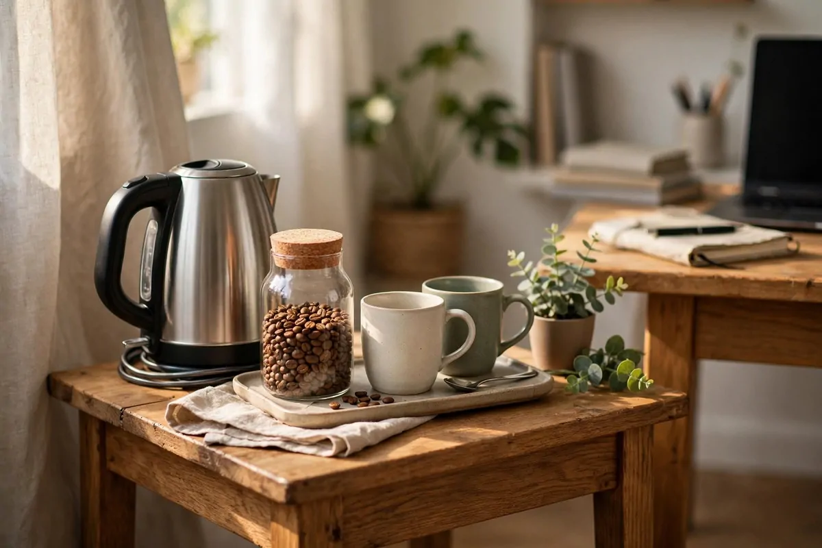 Small coffee station with kettle and mugs on a side table
