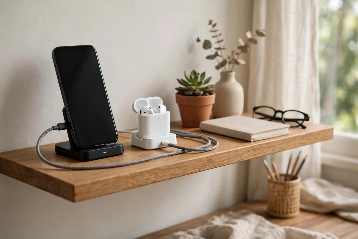 Organized charging station with phones and earbuds on a shelf