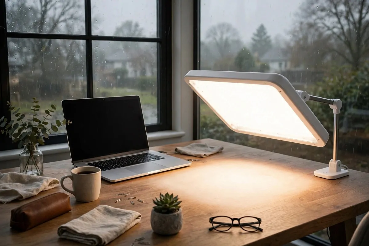 Daylight therapy lamp glowing on a desk near a window