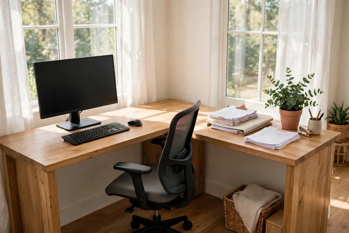 L shaped corner desk with computer and organized paperwork