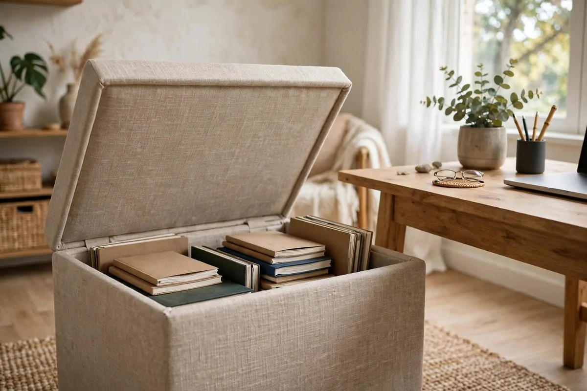 Fabric storage ottoman with lid open beside a home office desk
