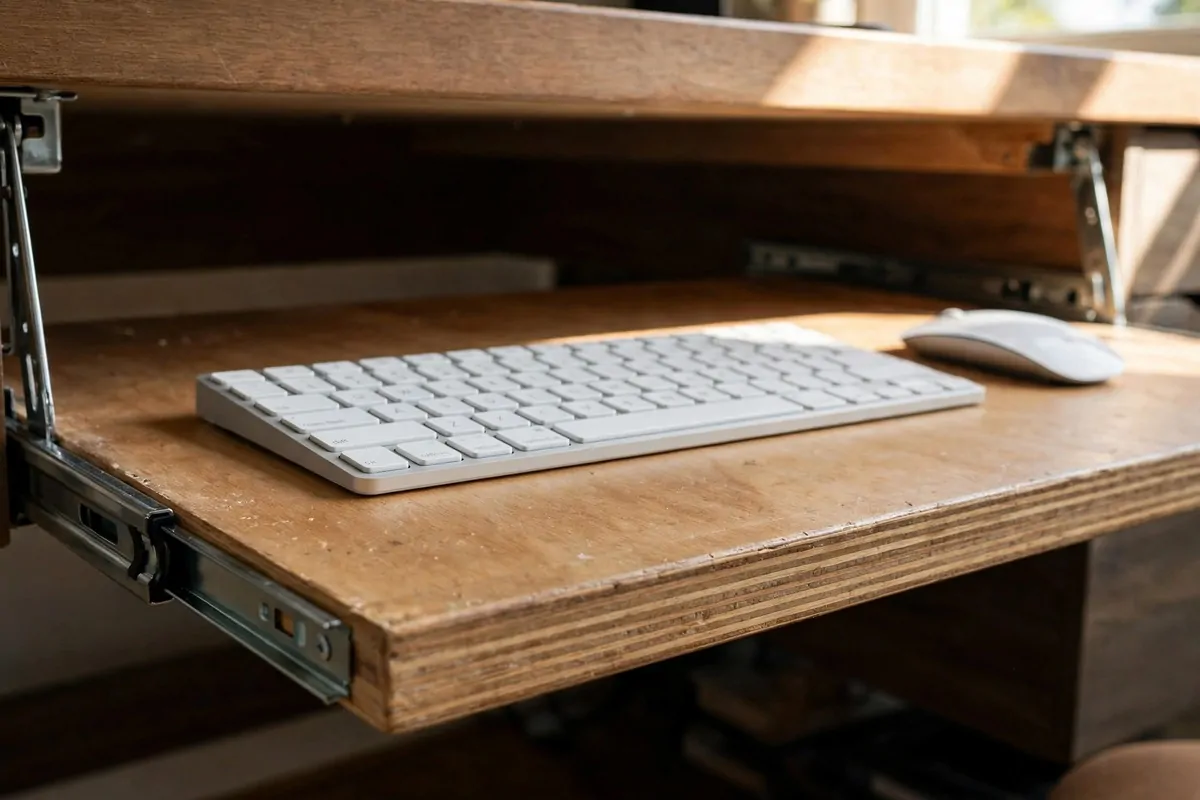 Pull out keyboard tray under a wooden desk with keyboard and mouse