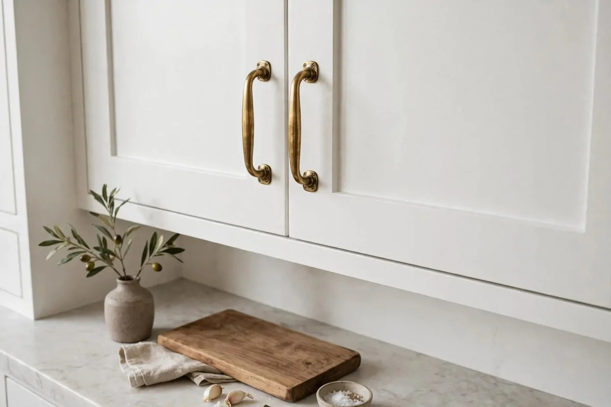 28 Apartment Inspiration Ideas That Look Designer-Made 6 Close-up of apartment kitchen cabinets with new aged brass knobs and handles