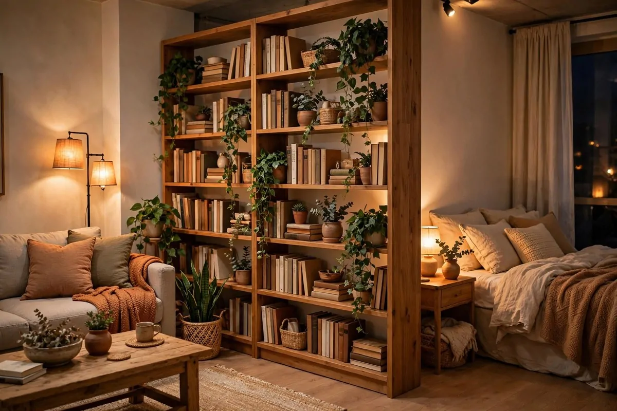 28 Apartment Inspiration Ideas That Look Designer-Made 13 Light-wood open shelving unit used as a see-through room divider in an apartment