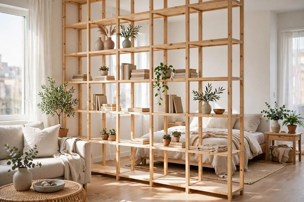28 Apartment Inspiration Ideas That Look Designer-Made 14 Apartment shelf styled with books, a small brass frame and a ceramic vase with eucalyptus