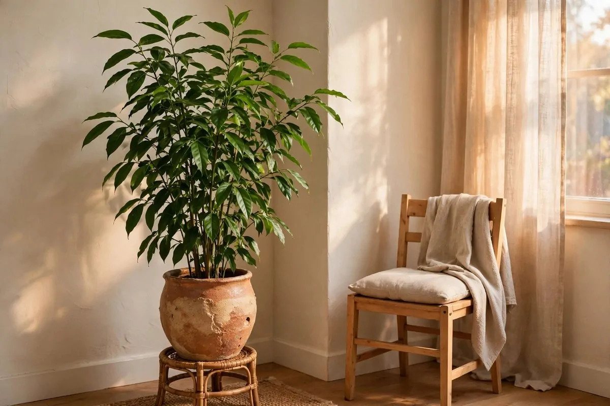 28 Apartment Inspiration Ideas That Look Designer-Made 15 Tall leafy plant in a handmade ceramic pot in an apartment living room corner
