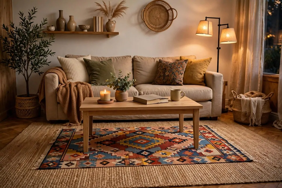28 Apartment Inspiration Ideas That Look Designer-Made 18 Chunky knit throw blanket draped over an apartment sofa arm in warm evening light