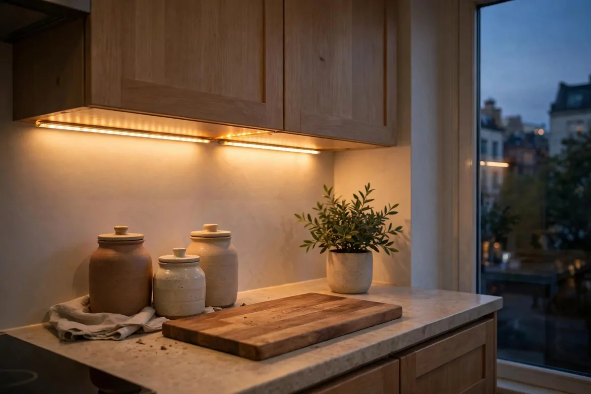 28 Apartment Inspiration Ideas That Look Designer-Made 20 Apartment kitchen at dusk with warm under-cabinet lights glowing over the counter