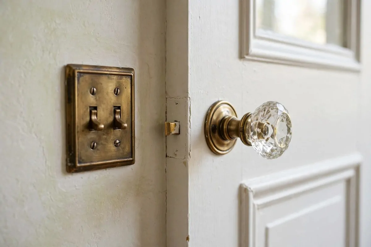 28 Apartment Inspiration Ideas That Look Designer-Made 21 Apartment wall with an antique brass light switch plate and vintage glass doorknob