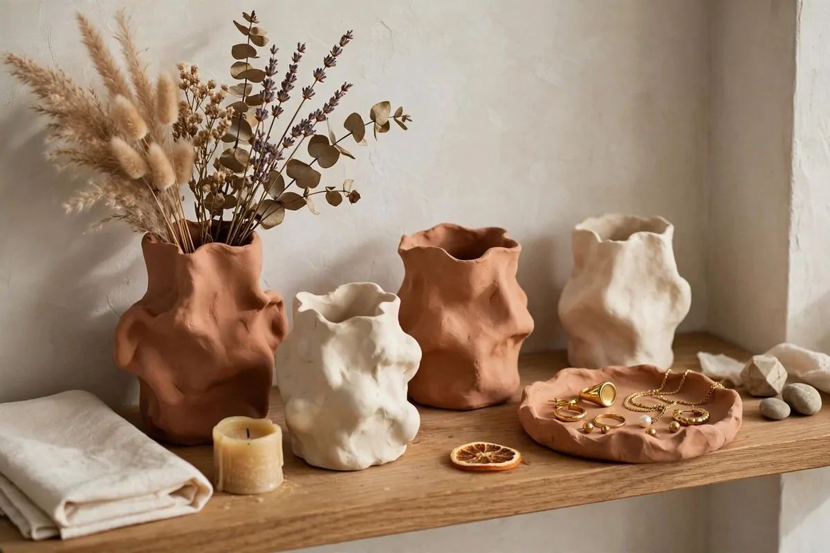 28 Apartment Inspiration Ideas That Look Designer-Made 22 Handmade air-dry clay vases and a catchall tray styled on an apartment shelf