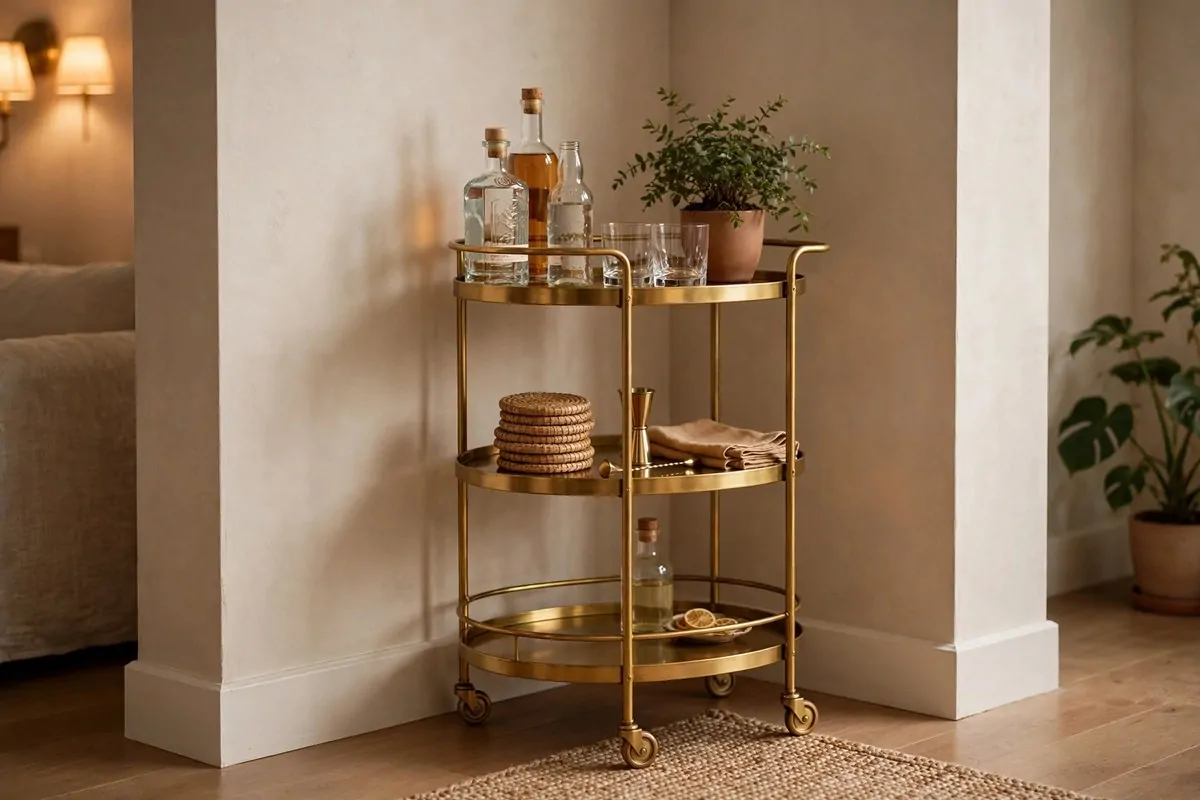 28 Apartment Inspiration Ideas That Look Designer-Made 23 Brass bar cart styled with bottles, glasses and a plant in an apartment living room corner