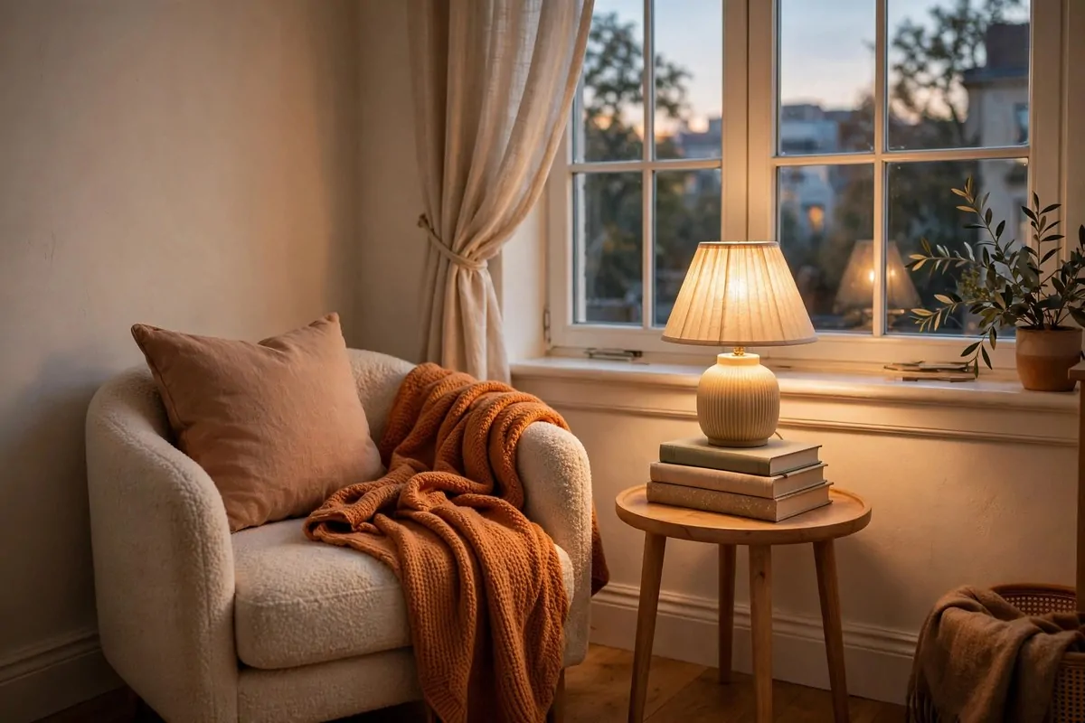 28 Apartment Inspiration Ideas That Look Designer-Made 24 Cozy apartment reading nook by the window with an armchair, lamp and stack of books