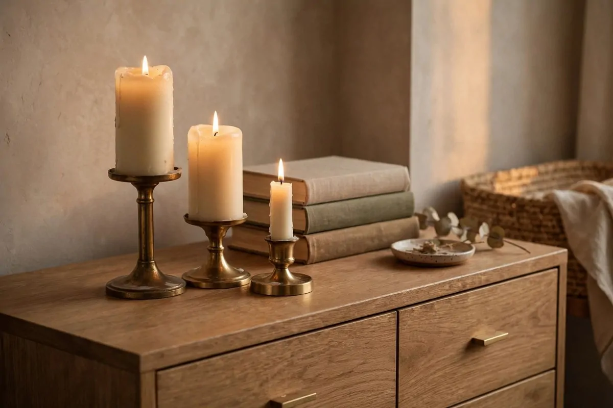 28 Apartment Inspiration Ideas That Look Designer-Made 28 Apartment dresser styled with three candles in different heights and brass holders