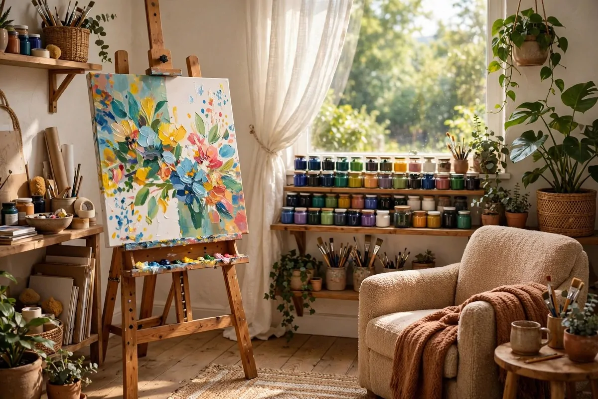 Bright art studio with easel, colorful paintings and organized art supplies
