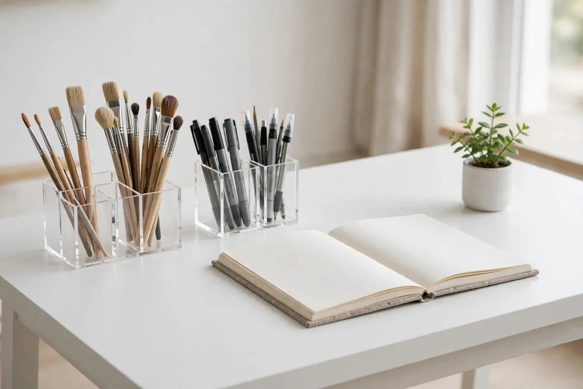 Clean minimalist white art desk with acrylic organizers and one green plant