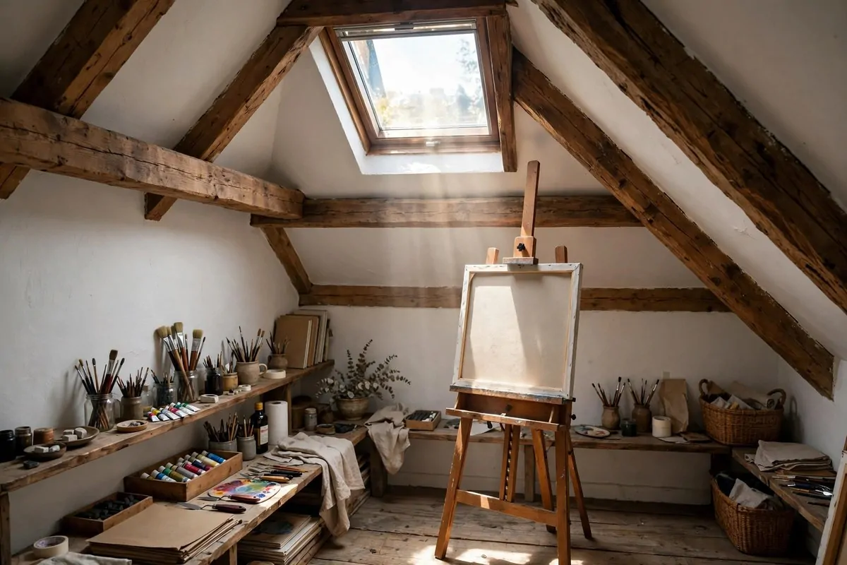 Attic art studio nook with a skylight pouring natural light over an easel and wooden beams