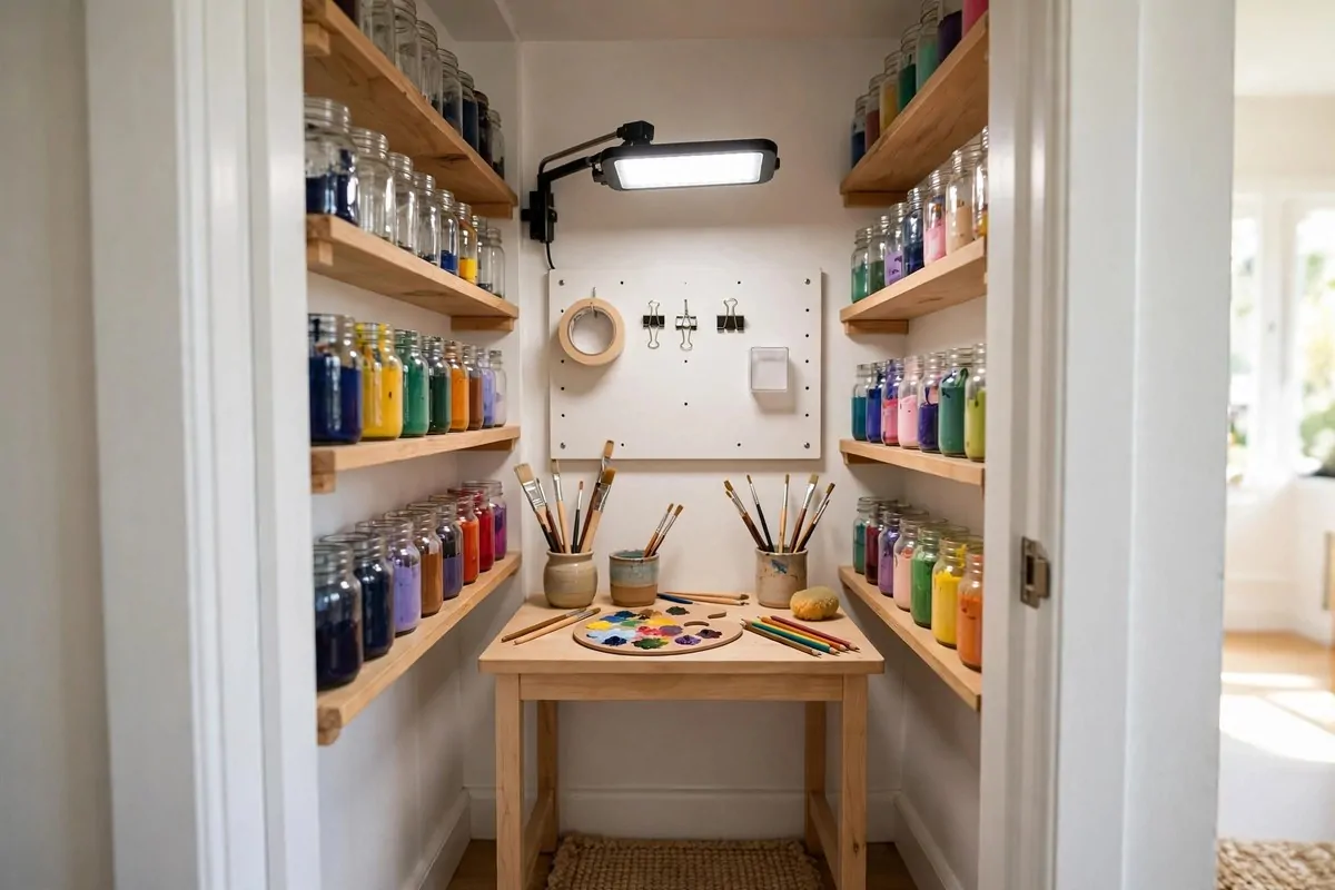 Small closet converted into an art studio with a desk, shelves and a task lamp
