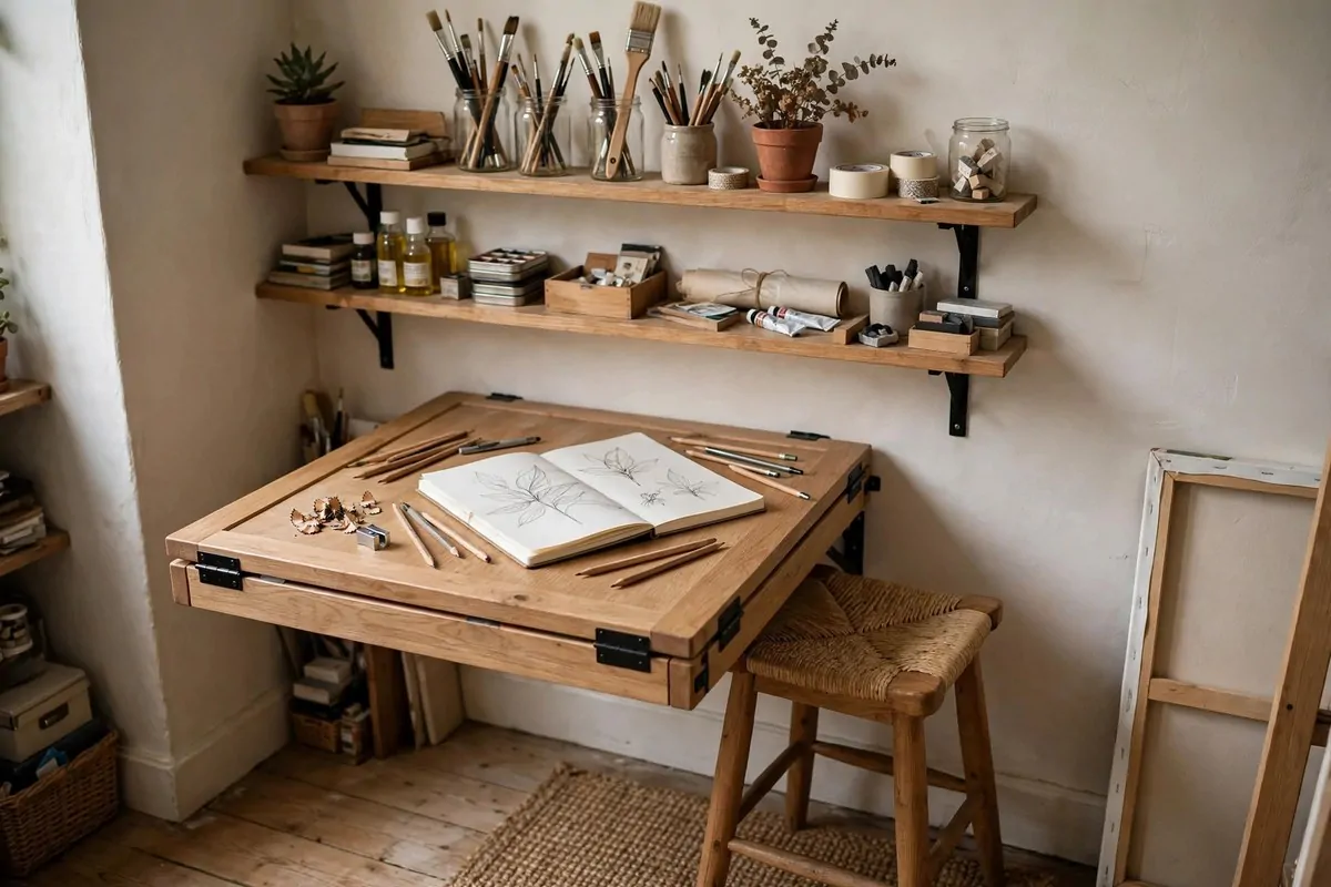 Fold down wall mounted table in an art corner with supply shelves above