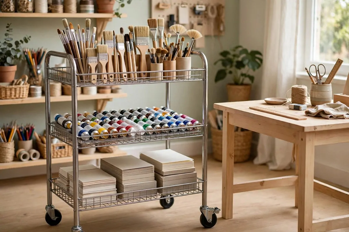 Three tier rolling cart filled with organized art supplies beside a small desk