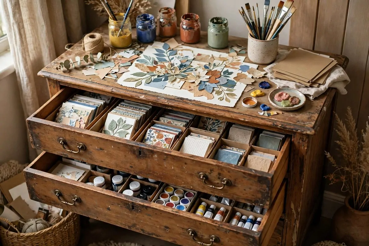 Old wooden dresser repurposed as an art supply station with organized drawers