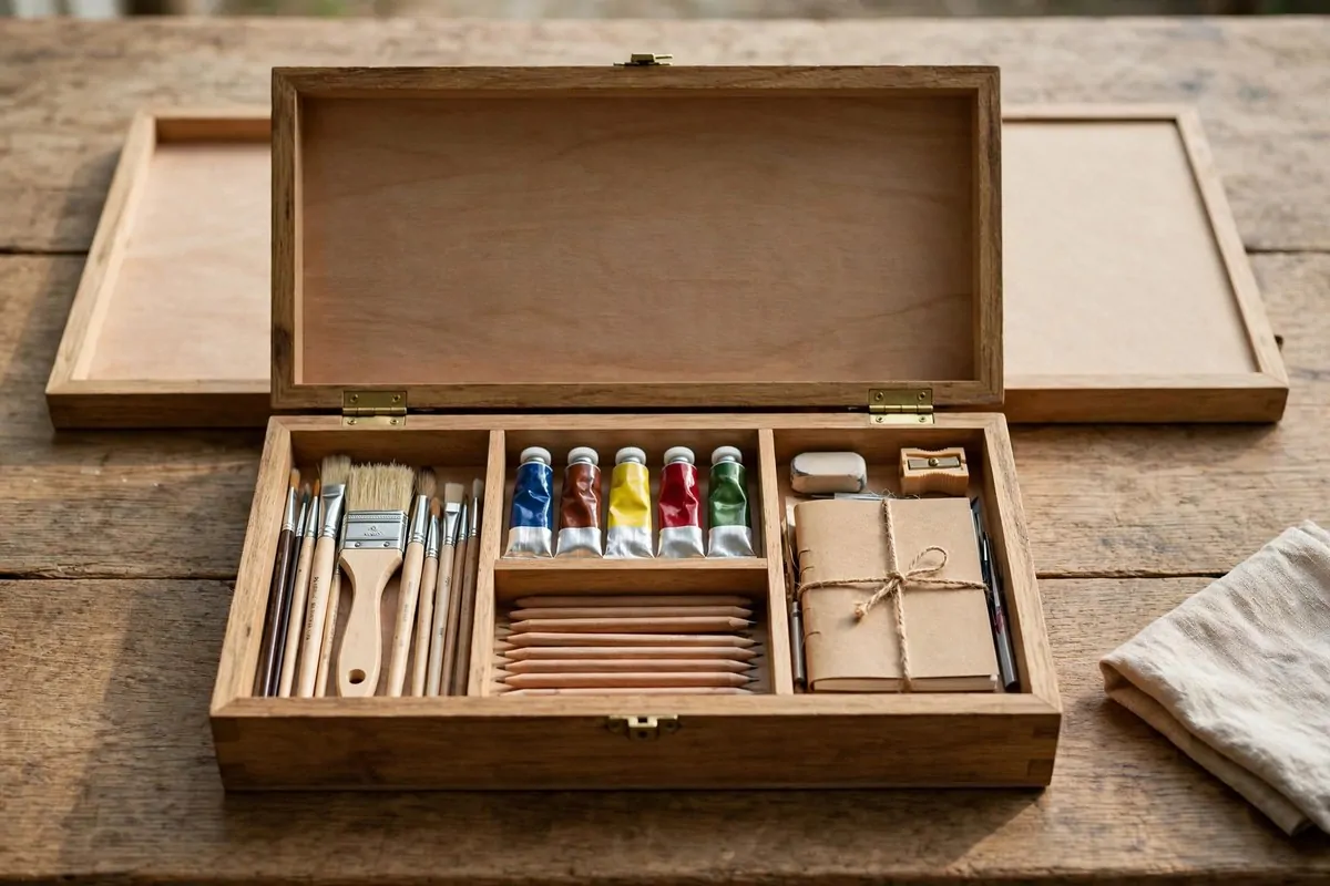 Open lidded art box with neatly organized essential tools on a table