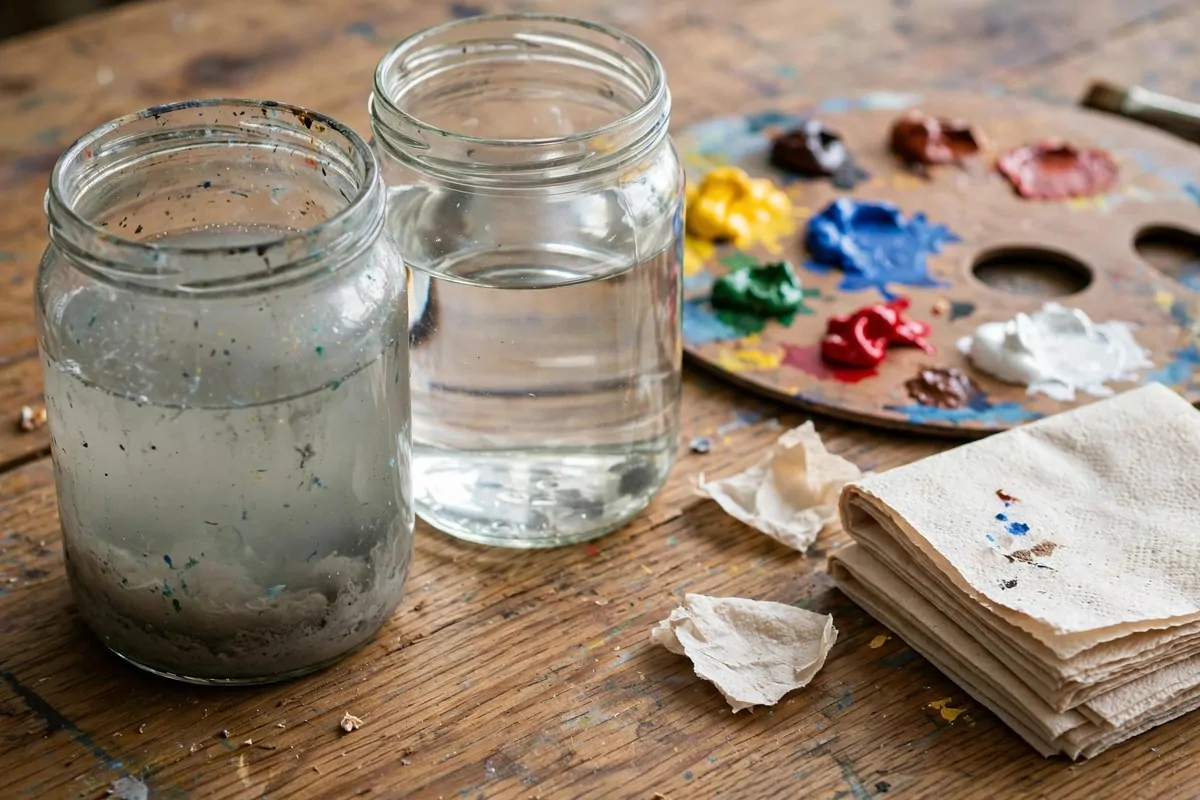 Two glass jars of water for brush washing beside a palette with clean paint colors