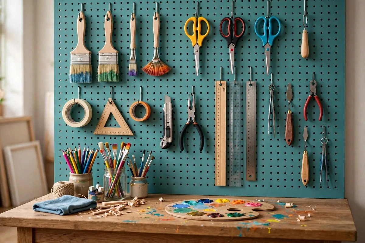 Pegboard wall in an art studio holding brushes, scissors and tools on hooks