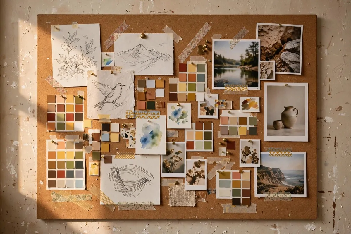 Cork board wall covered with sketches, photos and color swatches in an art studio