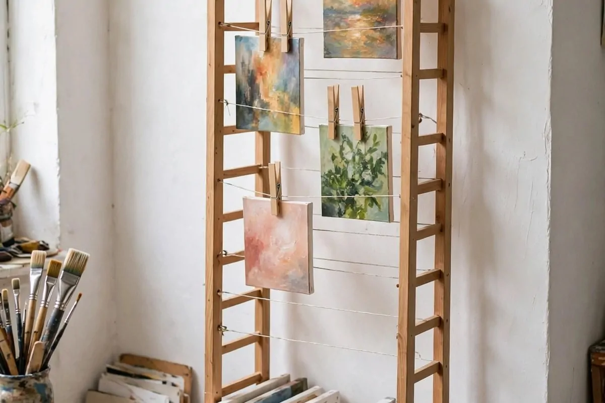 Narrow vertical drying rack holding wet paintings upright in a small art studio