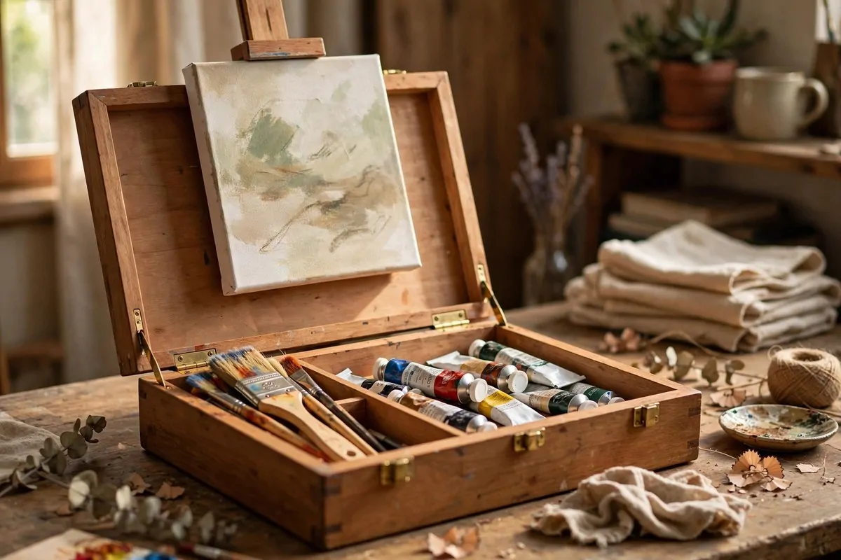 Wooden tabletop box easel open on a desk with paints stored inside and a canvas on top