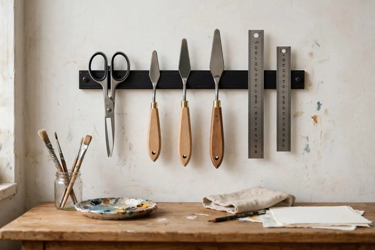 Magnetic knife strip on an art studio wall holding metal tools, scissors and rulers