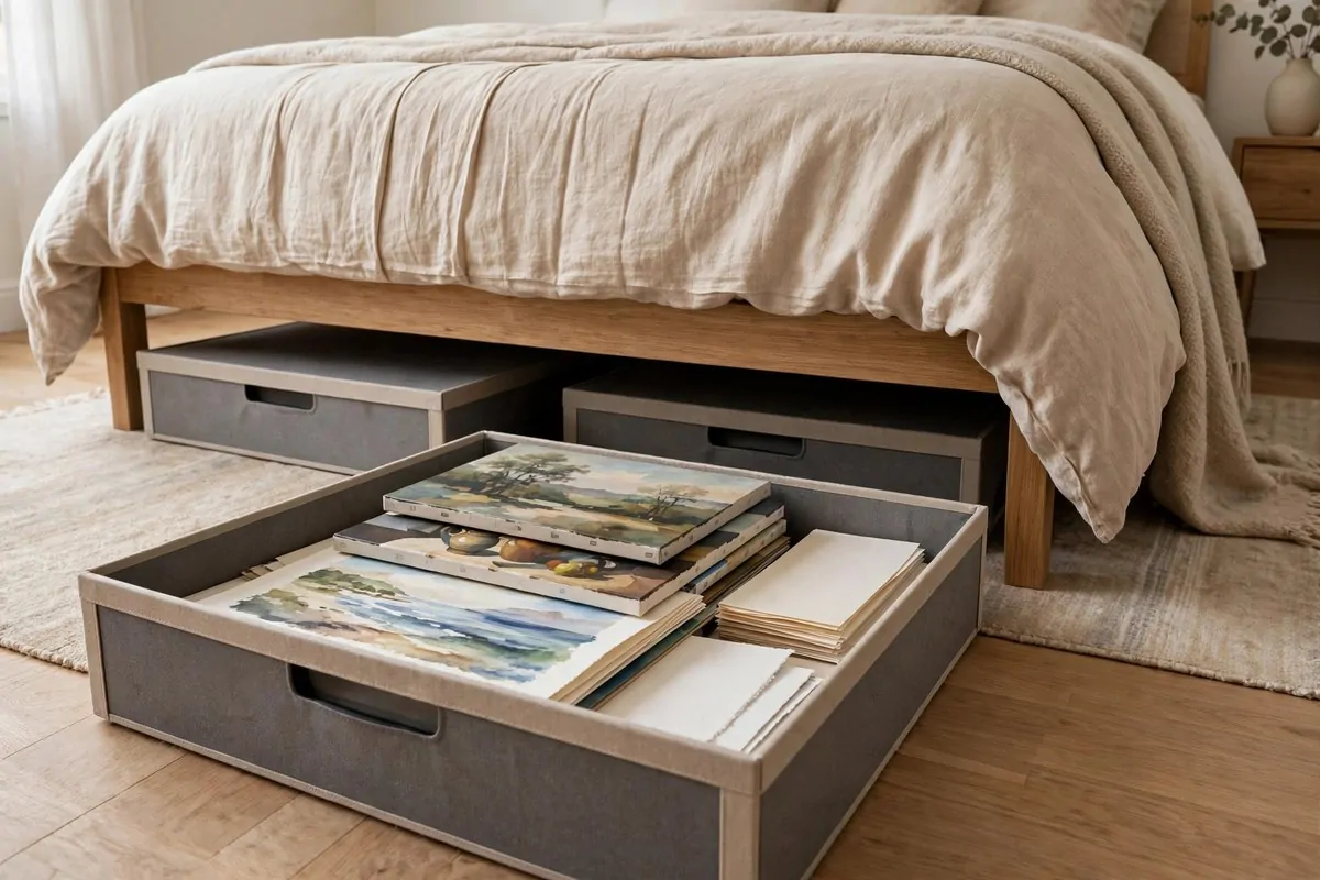 Flat shallow storage boxes sliding under a bed holding finished paintings and paper