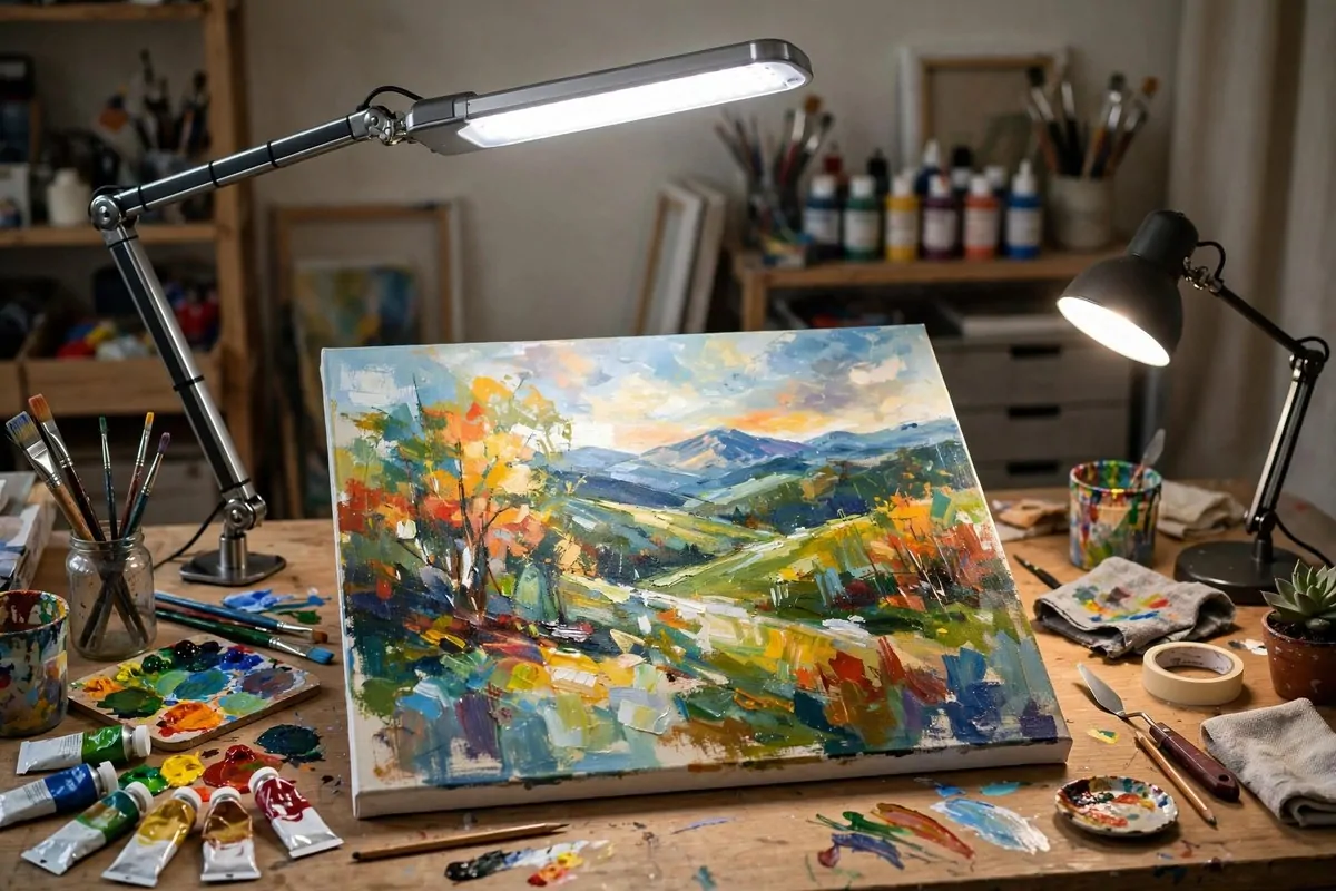 Art desk lit by a daylight balanced LED lamp showing true colors on a painting