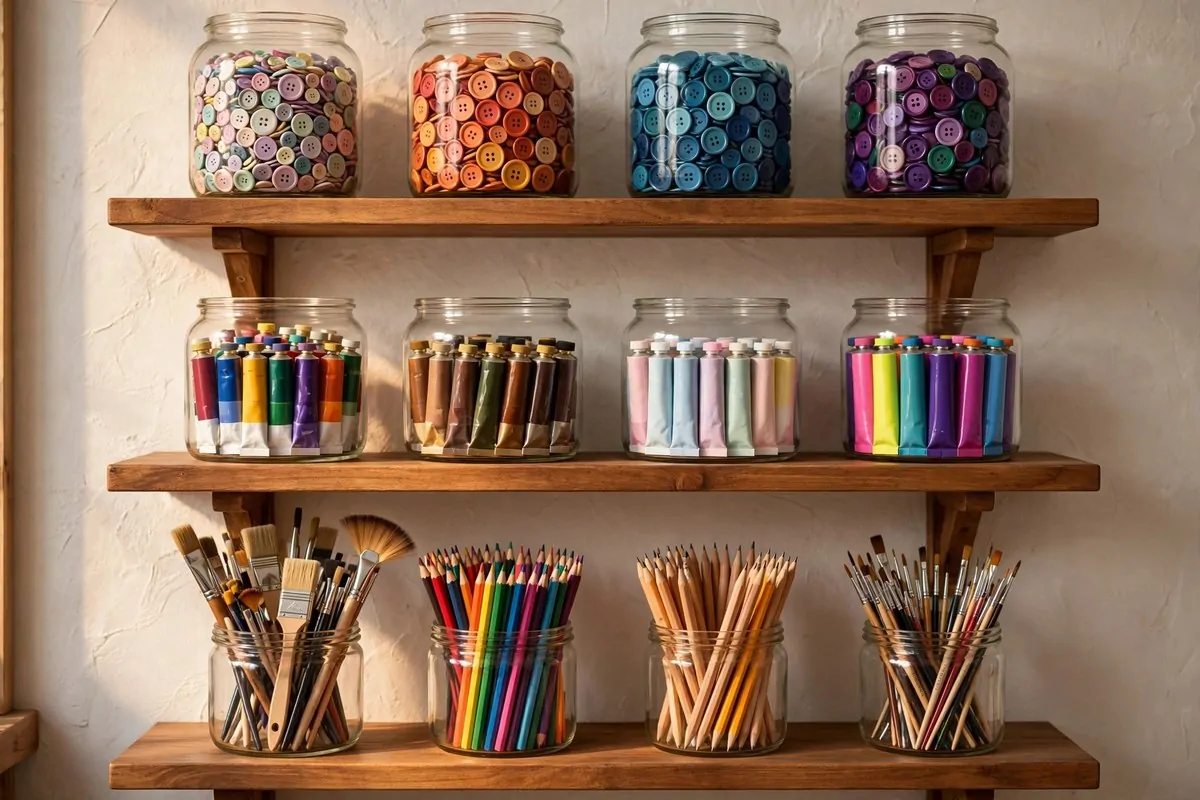 Wall of clear glass jars filled with sorted art supplies on wooden shelves