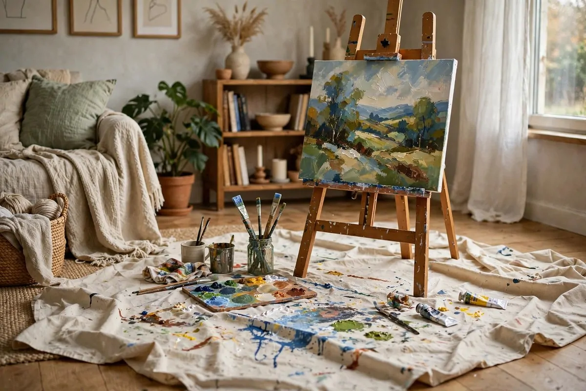 Canvas drop cloth covering the floor under an easel defining a paint zone in a living room